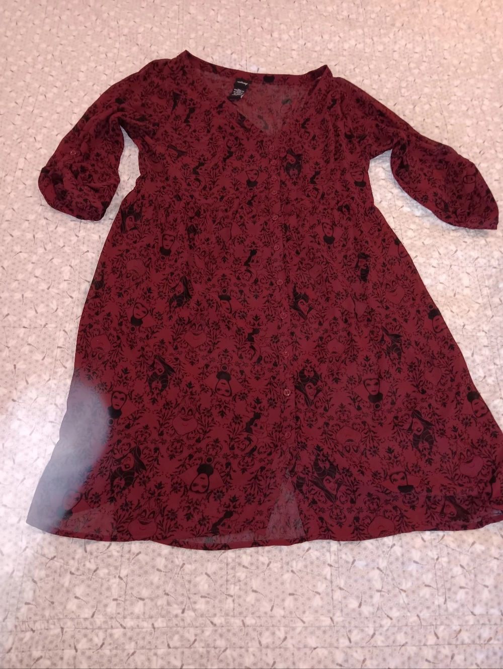 Disney Burgundy Floral Print Button-Front Long Sleeve Sheer Dress - Picture 4 of 11
